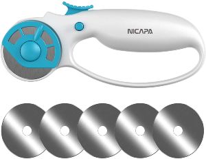 NICAPA 45mm Rotary Cutter for Fabric with Safety Lock Ergonomic Classic Comfort Loop Rotary Cutter for Crafting Sewing Quilting (Extra 5pcs 45mm Replacement Blades Included)