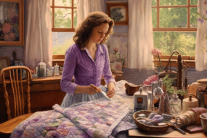 woman embroidering a quilt