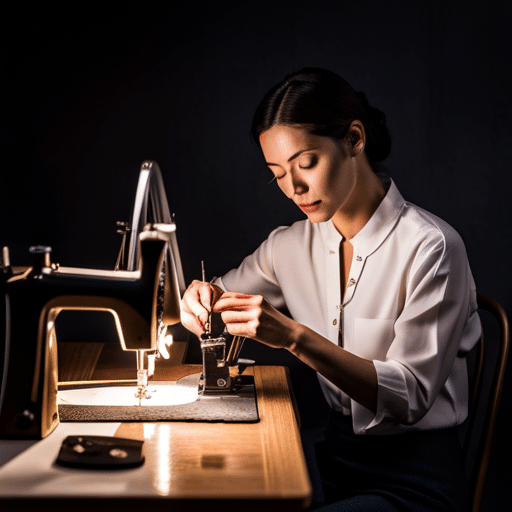 A woman is threading a Bernina sewing machine in a dark room.