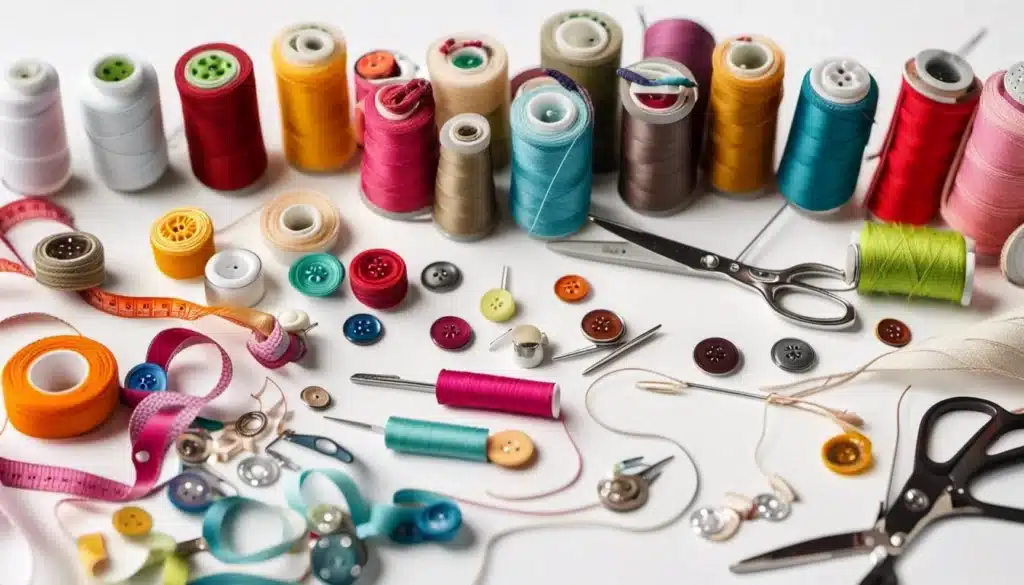 numerous sewing threads, bobbins, buttons, sewing tape, needles and scissors