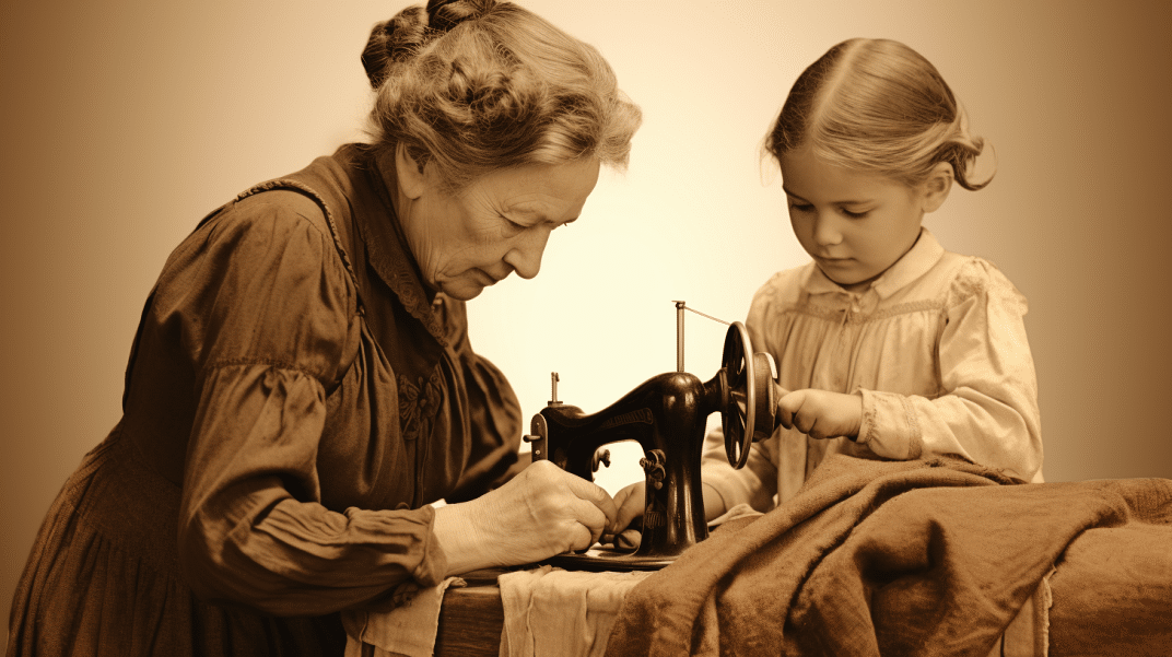 A woman and a girl bonding over a sewing machine.
