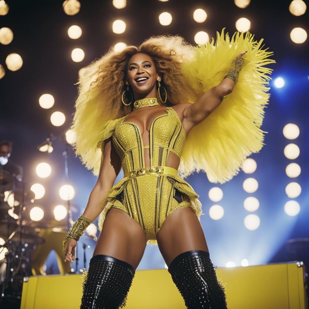 Beyoncé dazzles on stage in a Lemonade-inspired yellow outfit.