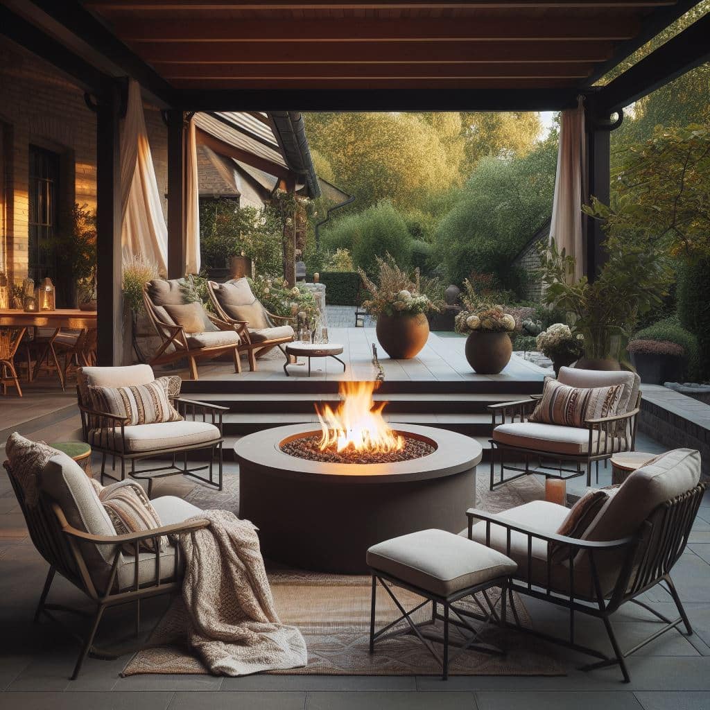 A patio with plastic chairs and a fire pit.