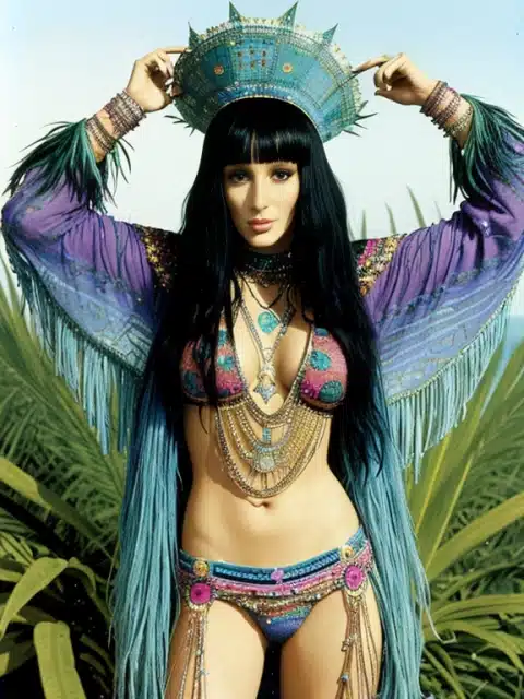 A woman recreating Cher's Signature Style on a budget, posing for a photo in a bikini.