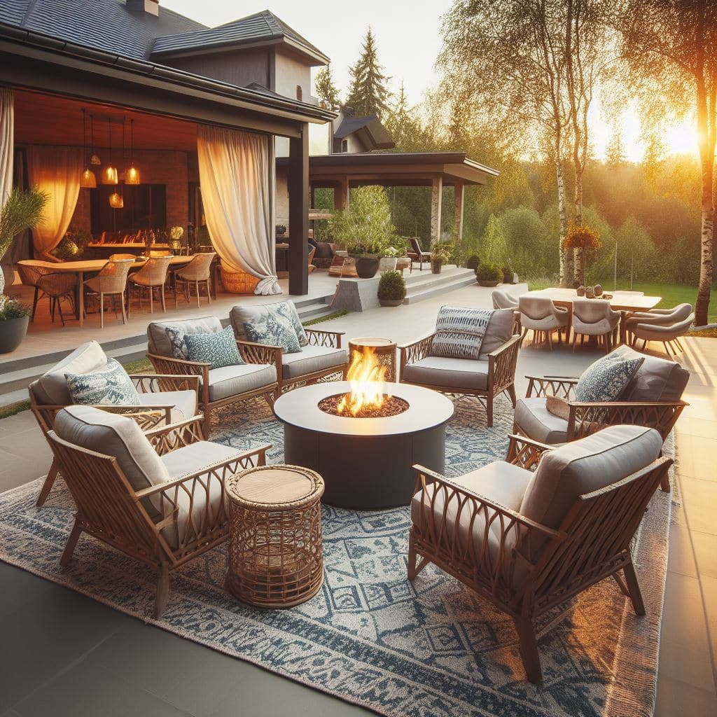 A patio with wicker furniture and a fire pit made of plastic.