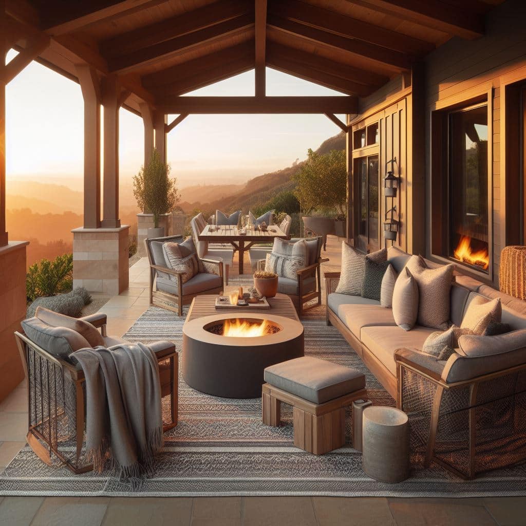 A patio with furniture and a fire pit at sunset, featuring comfortable seating arrangements and a cozy ambiance for gatherings.