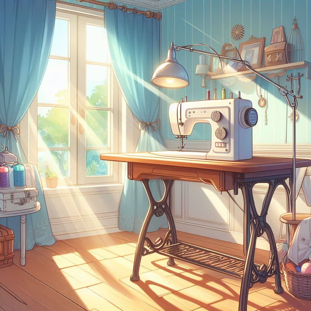 An embroidery artwork of a sewing room with a sewing machine.
