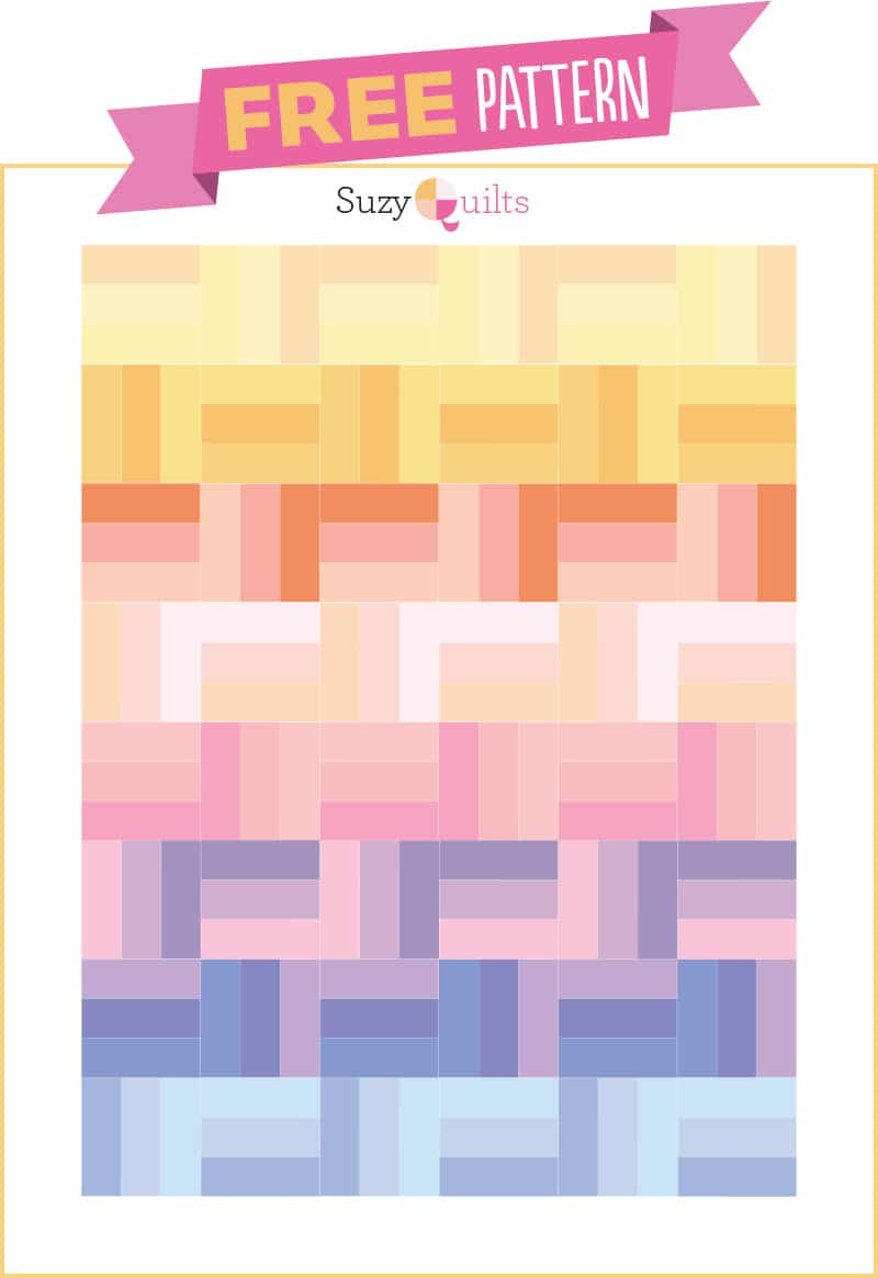 A free quilting pattern with a pink, yellow, and blue background suitable for beginners.