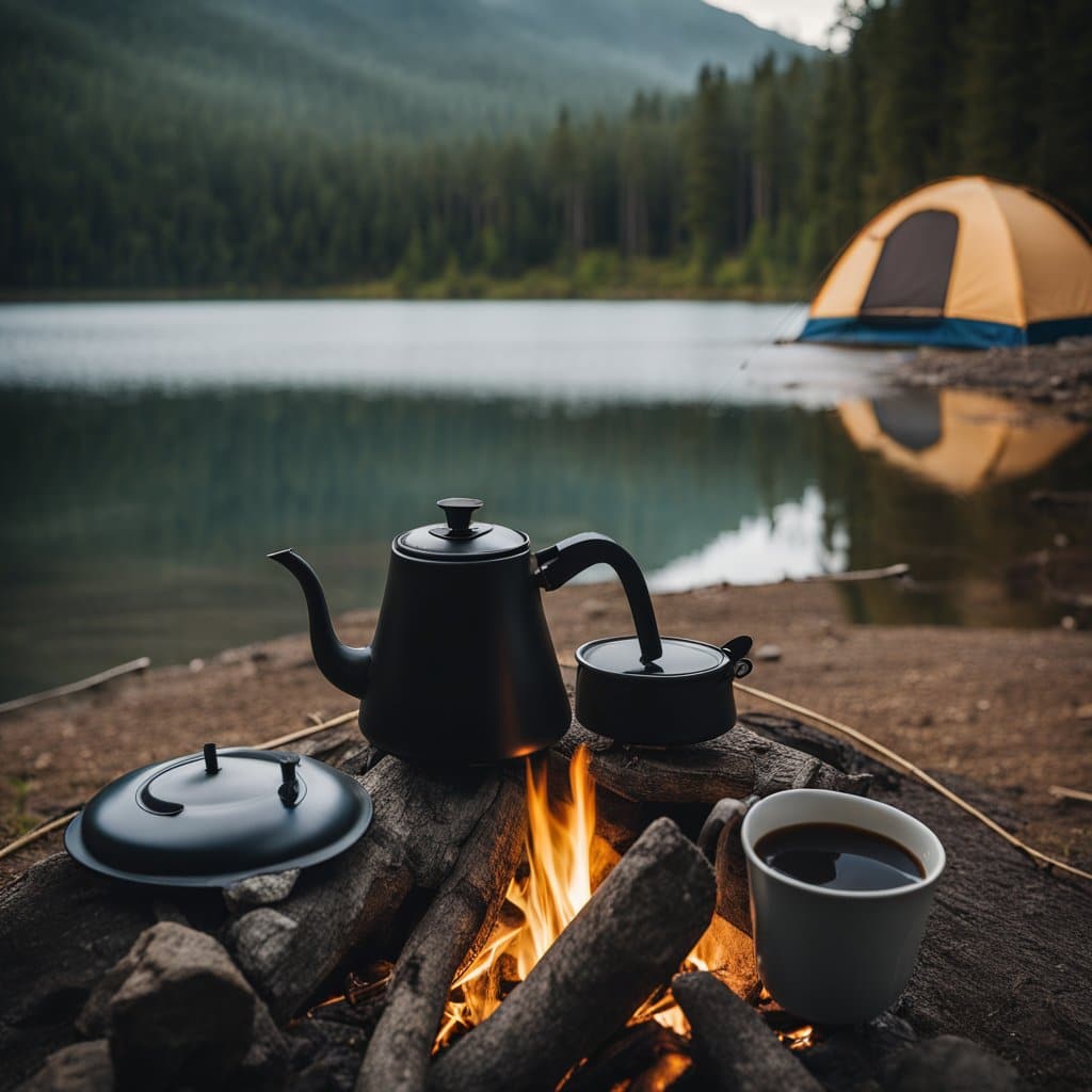 An outdoor adventure with a campfire and a cup of coffee, surrounded by the ultimate guide to outdoor gear and the comfort of waterproof fabrics in the background.