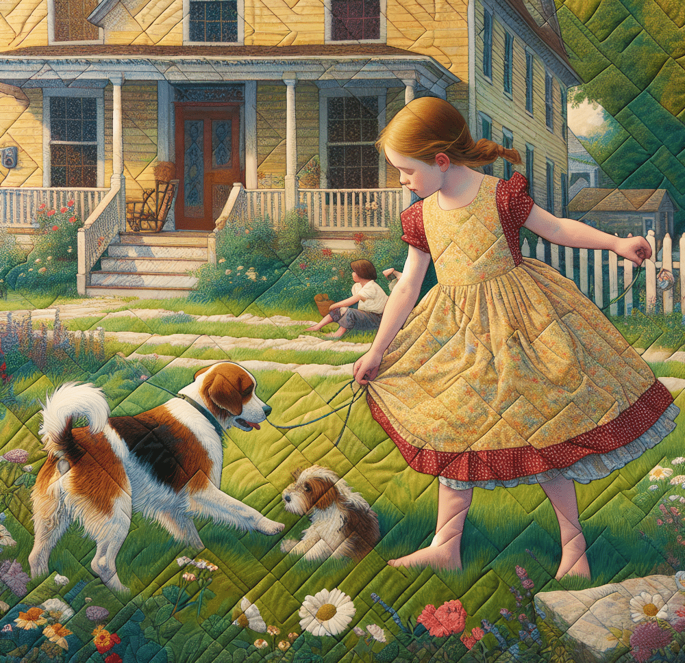 A girl plays with her dogs in front of a house, while Quilt Blocks tales inspire her imagination.
