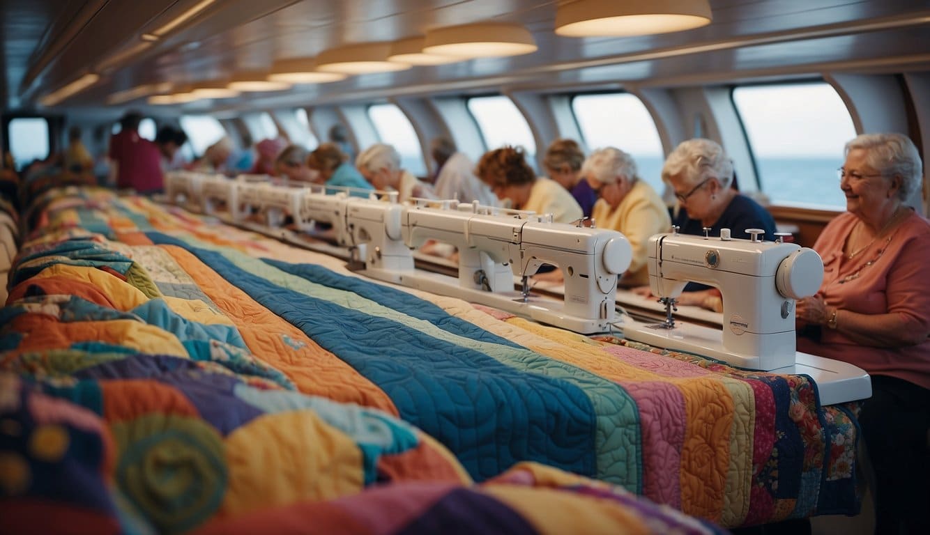 A group of quilters gather on a cruise ship, surrounded by colorful fabrics and sewing machines, creating beautiful quilts as they sail the open sea