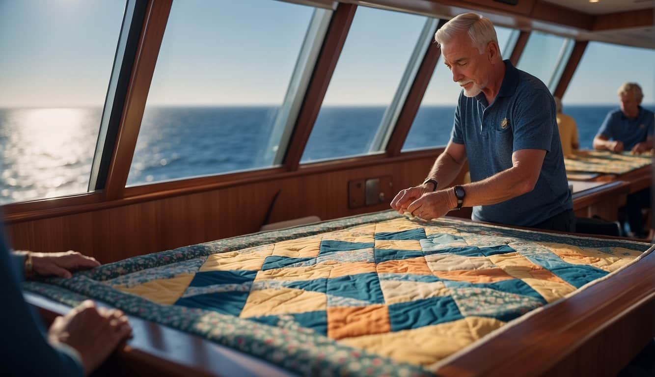 Quilting enthusiasts gather on a luxurious cruise ship, surrounded by stunning ocean views and receiving expert guidance in unique learning opportunities