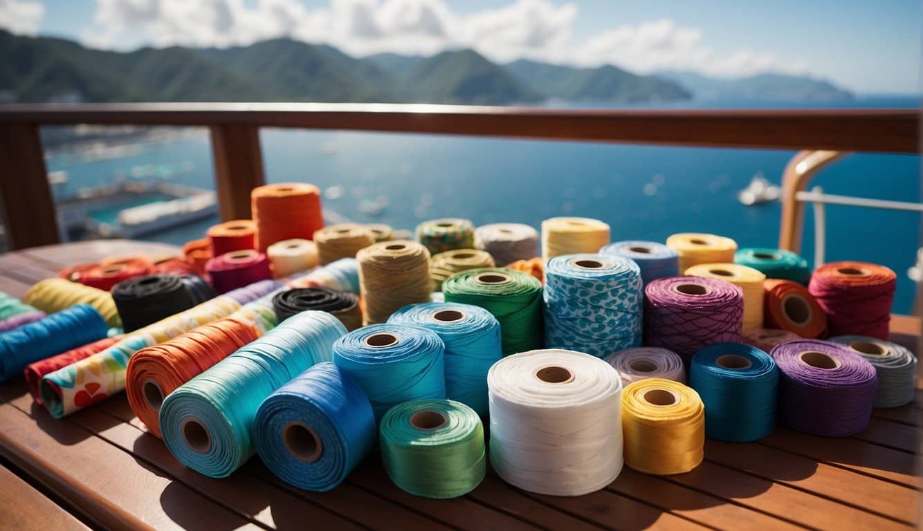 Quilting materials spread out on a cruise ship deck, with a view of exotic ports and colorful itineraries in the background