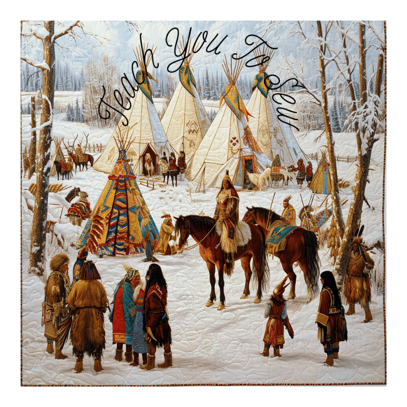 A fascinating painting depicting native people alongside majestic horses and traditional teepees.