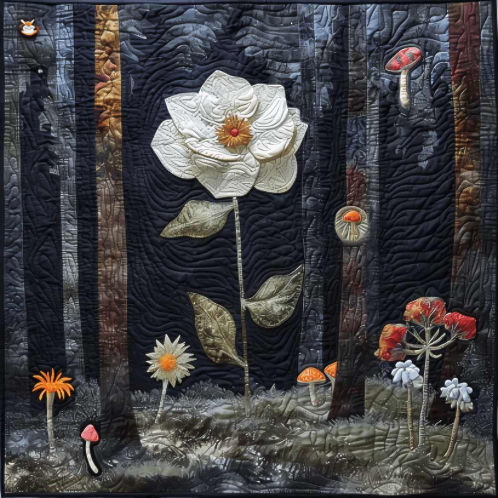 A storytelling quilt depicting a flower and mushrooms in the forest, created with digital quilt blocks from TeachYouToSew.com.