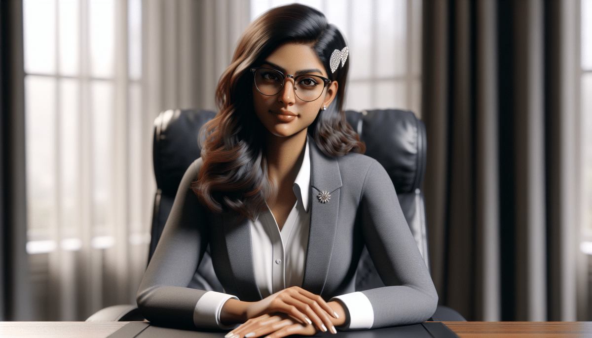 A confident woman in a business suit, showing her strength and sitting at a desk.
