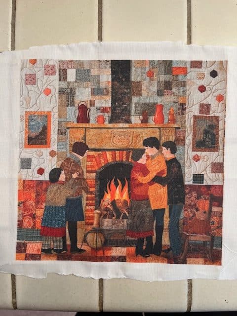 A quilt block with a digital design featuring people gathered around a fireplace, storytelling.