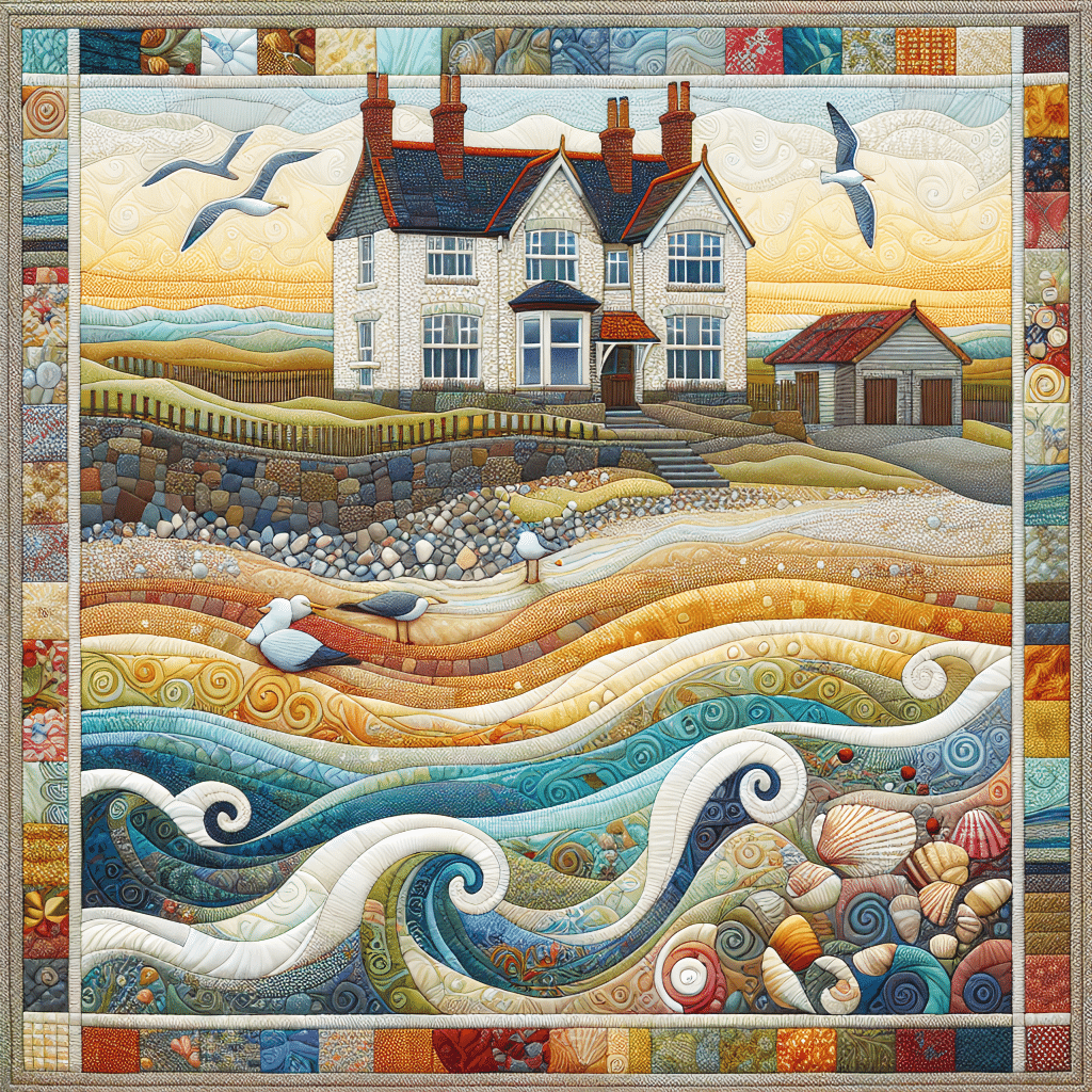A quilt with a house and seagulls on it.