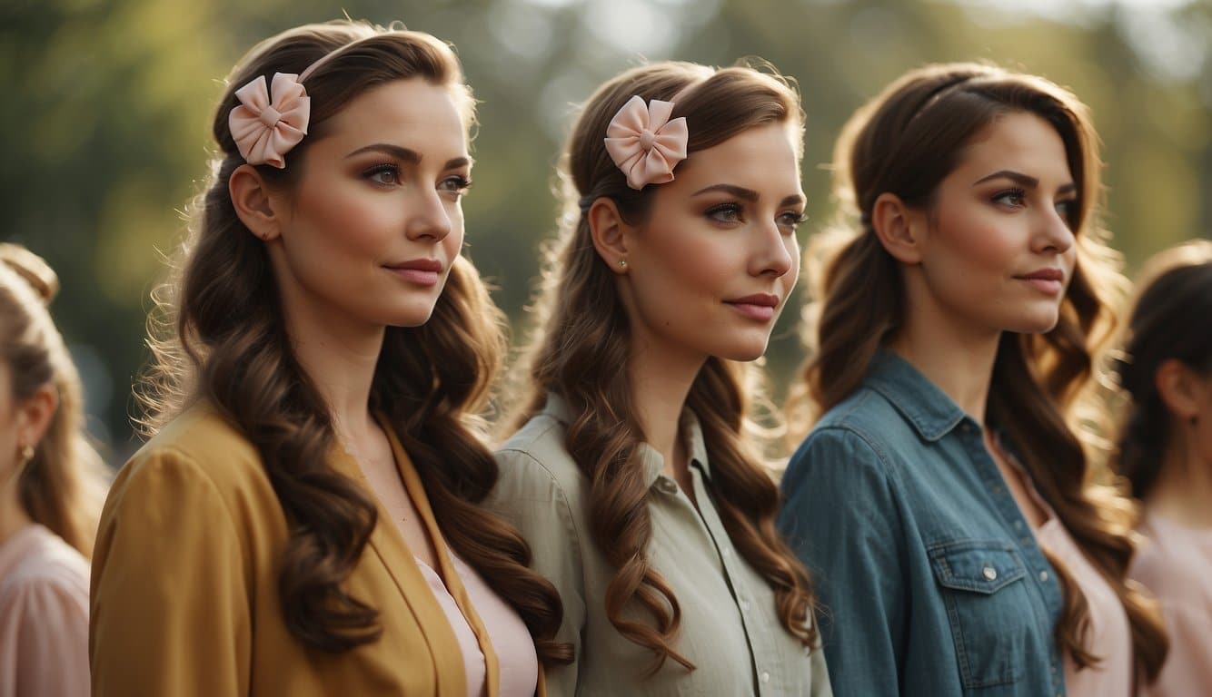 A group of women wearing hair bows of various sizes and colors, standing together in solidarity, representing feminist expression in a historical context