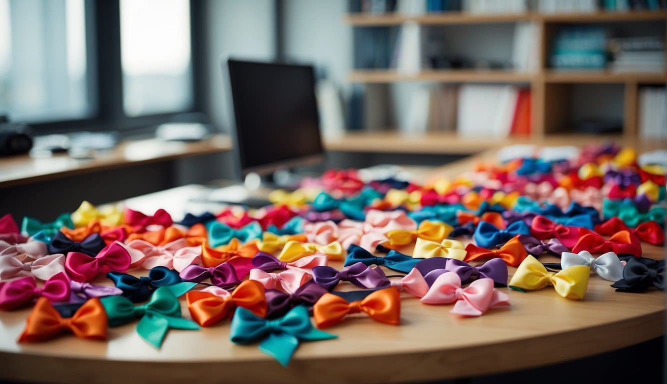 A woman's desk with colorful hair bows displayed, representing feminist expression in the workplace