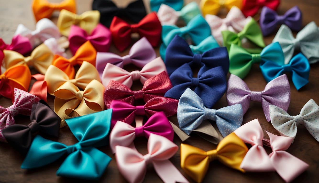 A collection of colorful hair bows arranged on a table, with varying sizes and patterns, symbolizing feminist expression and sparking critiques and controversies